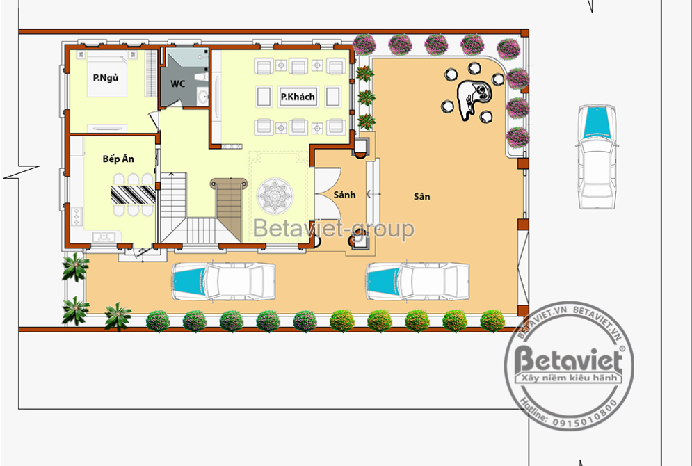 Biệt thự kiểu Pháp 3 tầng KT21087 tại Hà Nội – bản vẽ mặt bằng tầng trệt