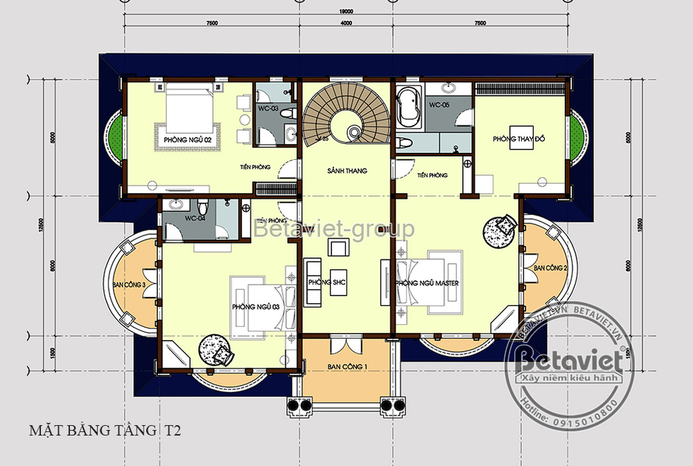 Biệt thự 2 tầng tân cổ điển 4 phòng ngủ tại Lâm Đồng KT20011 – bản vẽ mặt bằng tầng 2
