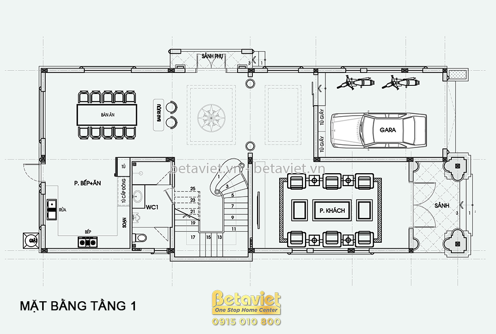 Biệt thự 3 tầng mái Nhật tân cổ điển tại Đồng Nai KT22069 – bản vẽ mặt bằng tầng 1