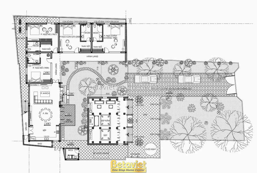 Bản vẽ mặt bằng kiến trúc thể hiện cách bố trí phòng ngủ, phòng khách, hành lang và sân trong của công trình 1 tầng, kèm c…