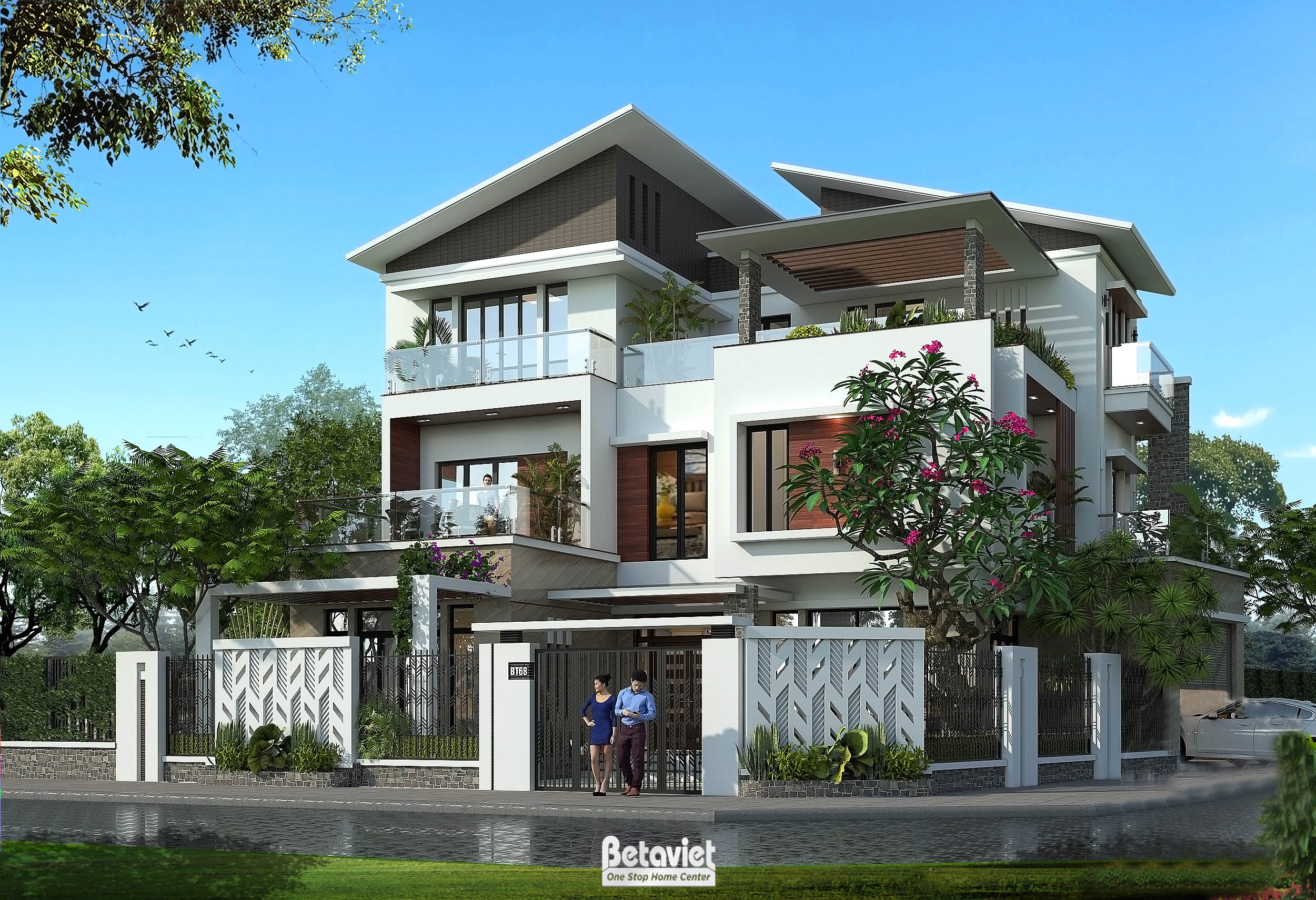 Mẫu biệt thự 3 tầng hiện đại mái chéo tại Thái Bình KT18013