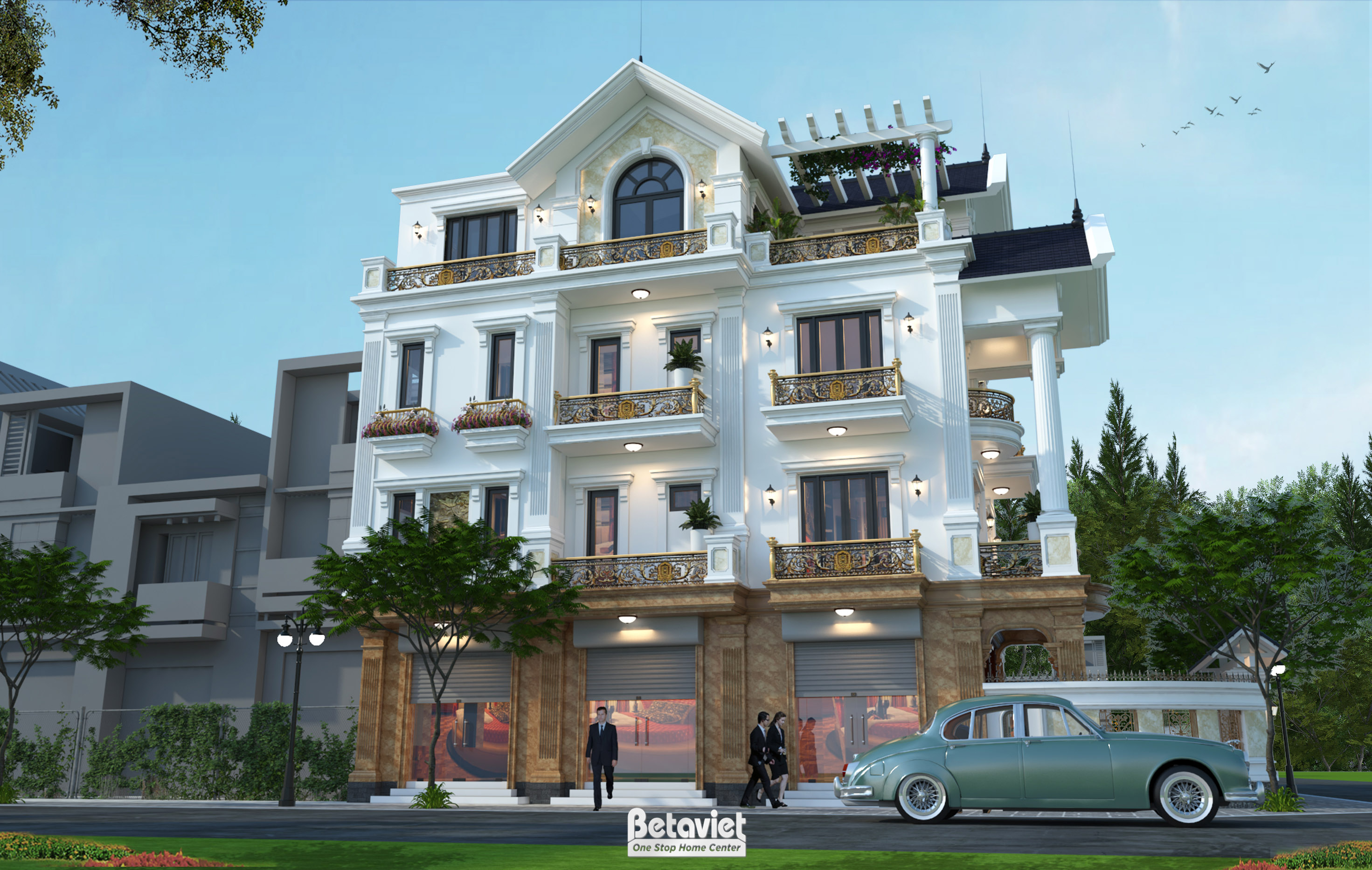 Shophouse kiểu Pháp 4 tầng kết hợp kinh doanh tại Thái Bình KT20101 – góc chụp xéo 3/4 thể hiện chiều sâu công trình