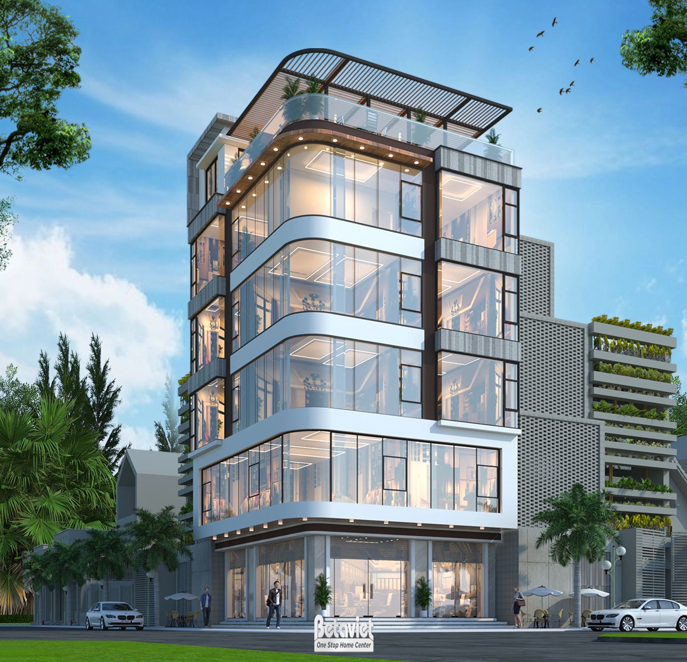 thiết kế biệt thự 2 mặt tiền 5 tầng ốp kính toát lên sự hiện đại và đẳng cấp