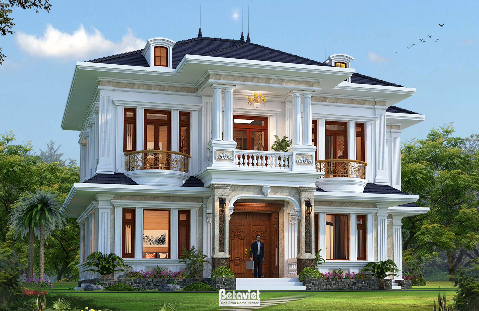 Biệt thự 2 tầng tân cổ điển KT21030 – phối cảnh mặt tiền