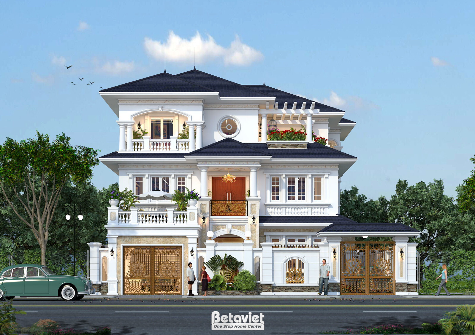 Biệt thự 3 tầng tân cổ điển KT17114 – phối cảnh mặt tiền