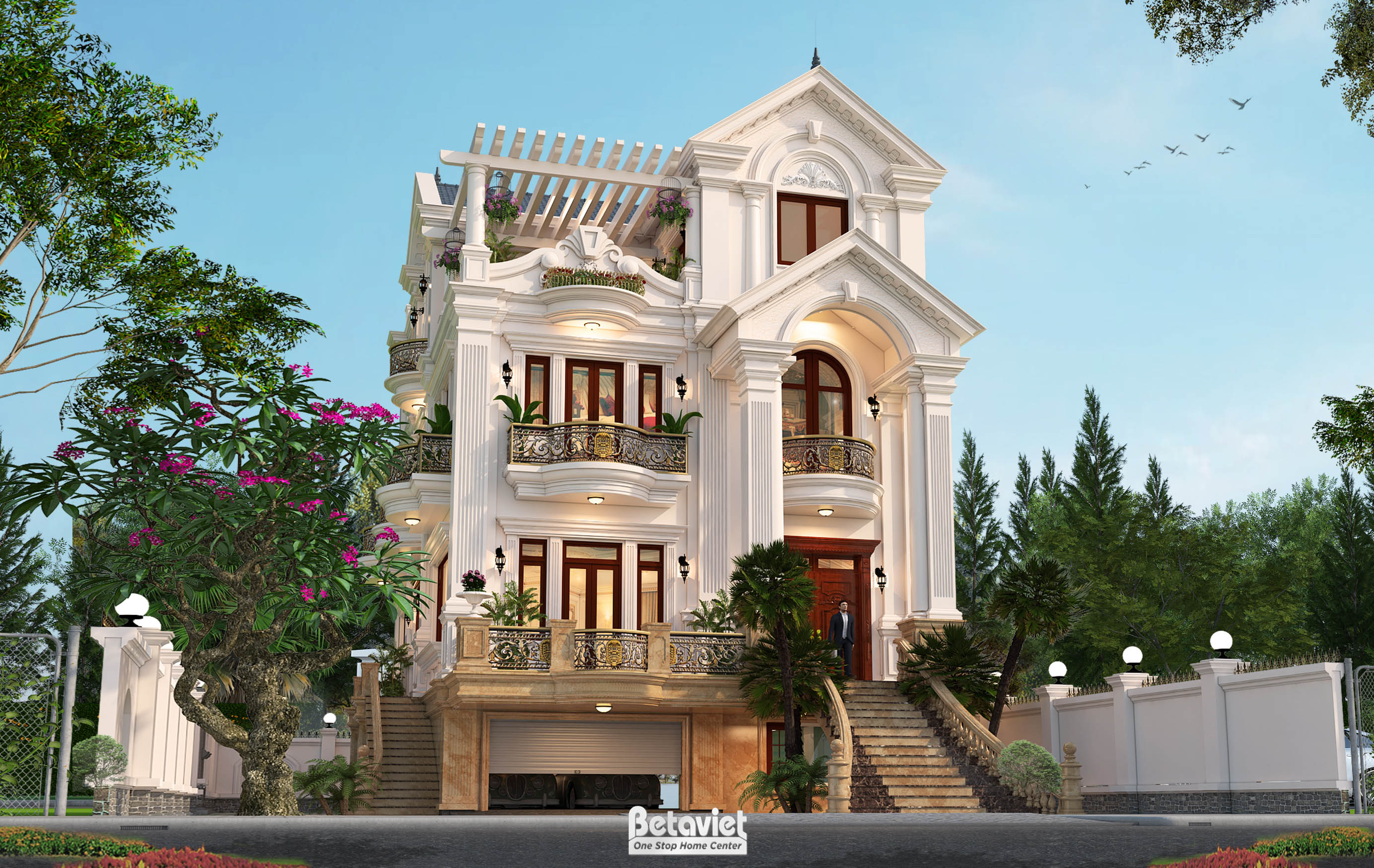 Mẫu kiến trúc biệt thự có bể bơi 4 tầng tân cổ điển KT20106