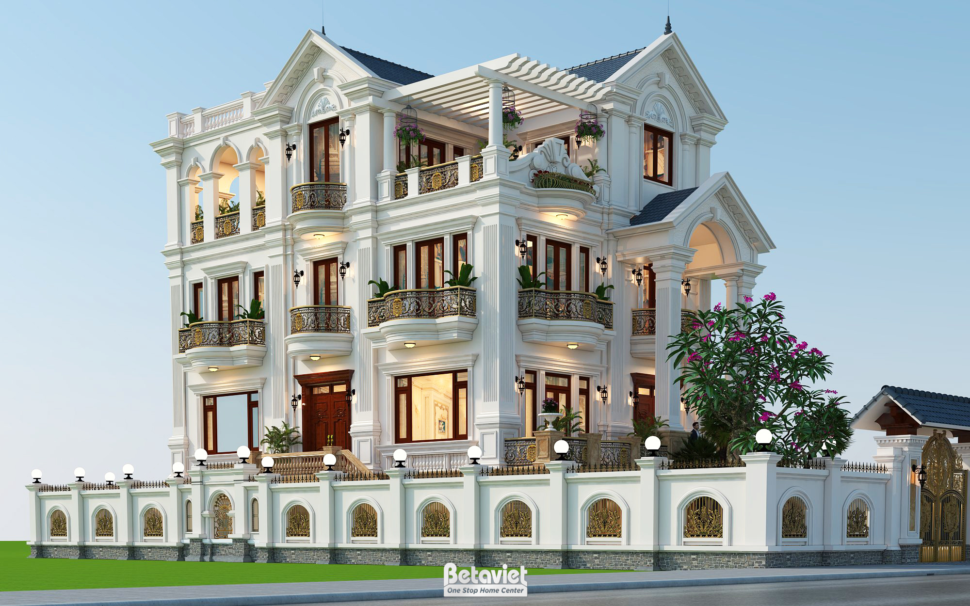 Mẫu kiến trúc biệt thự 4 tầng có bể bơi phong cách tân cổ điển KT20106