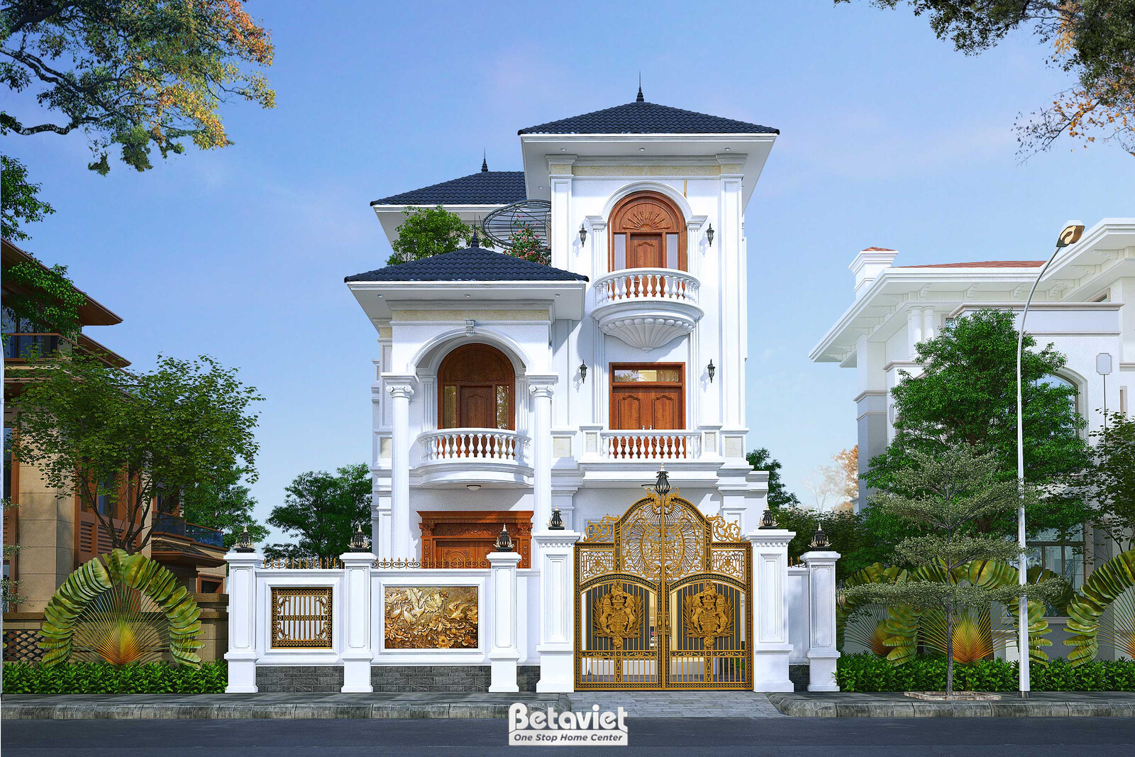 Biệt thự 3 tầng tân cổ điển KT23059 – phối cảnh mặt tiền