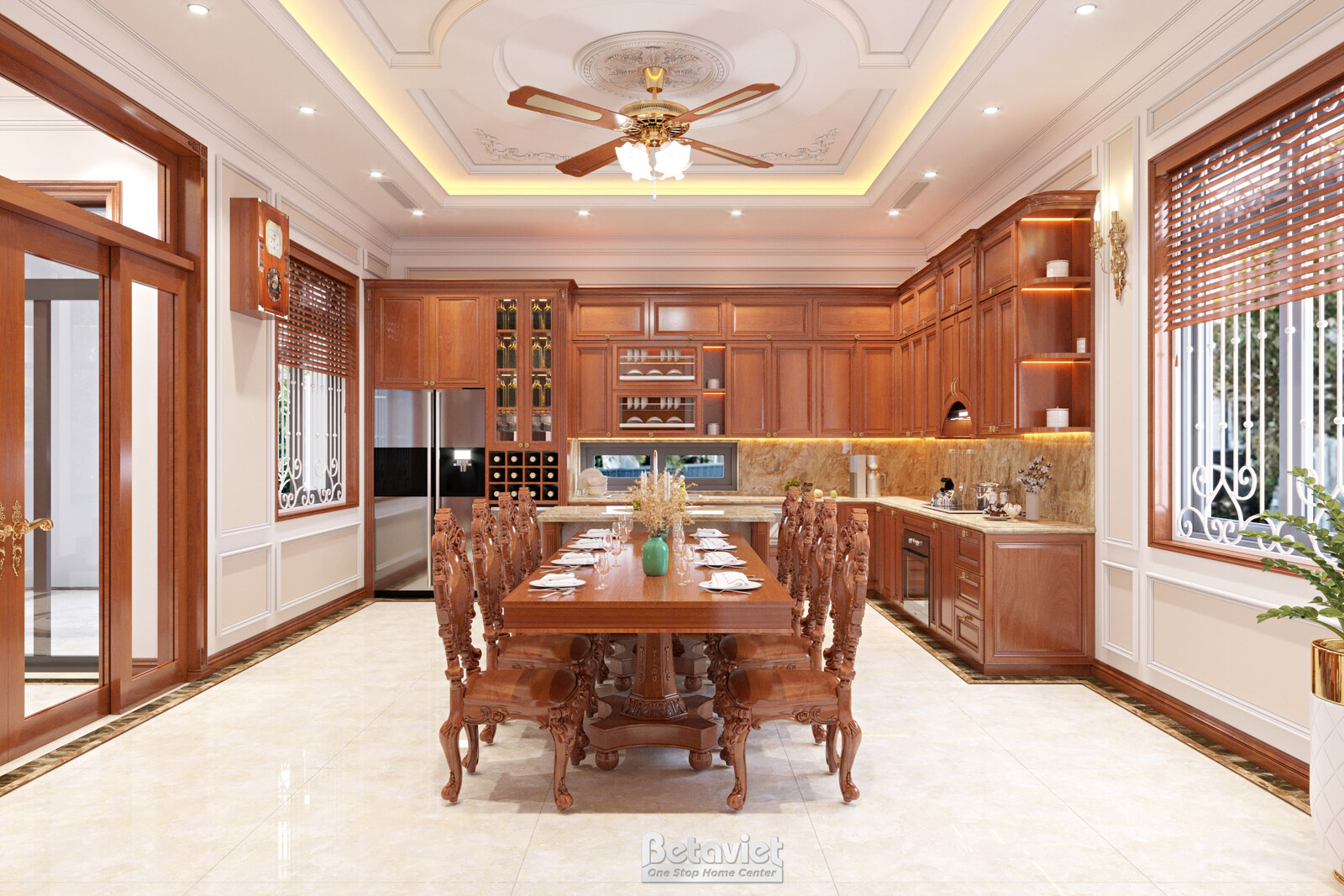 Nội thất phòng ăn biệt thự tân cổ điển KT22214 – góc nhìn tổng thể