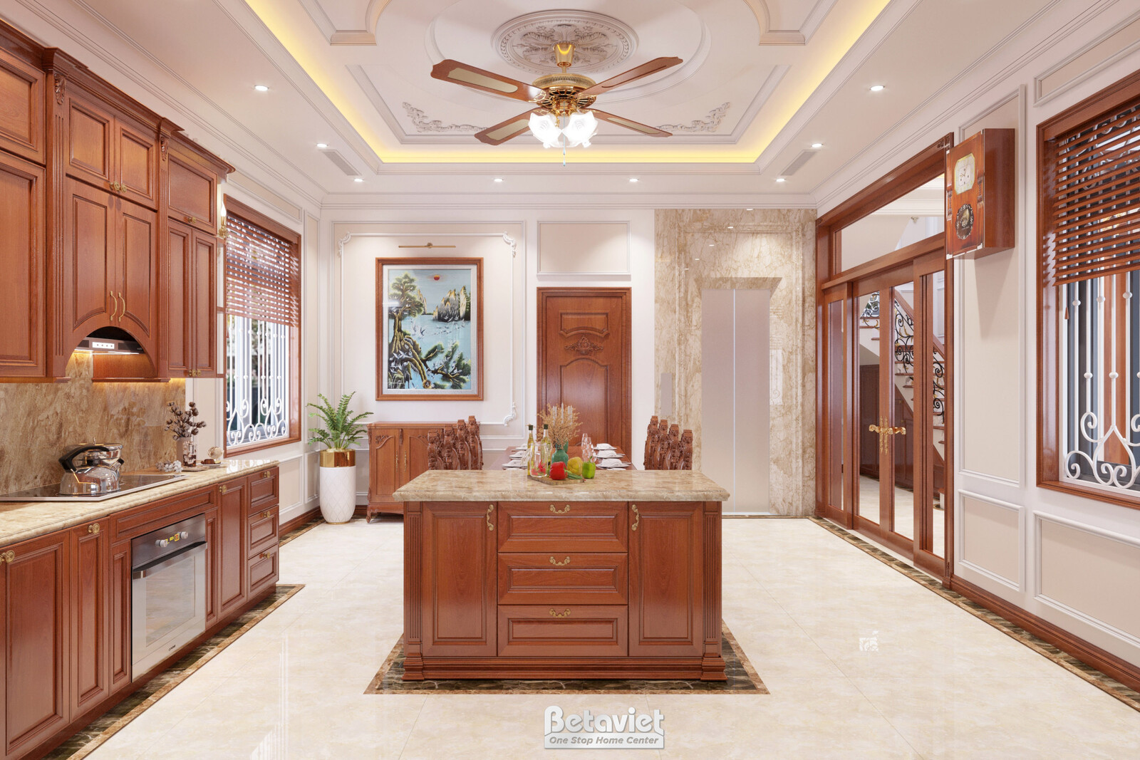 Nội thất phòng bếp biệt thự tân cổ điển KT22214 – góc nhìn tổng thể