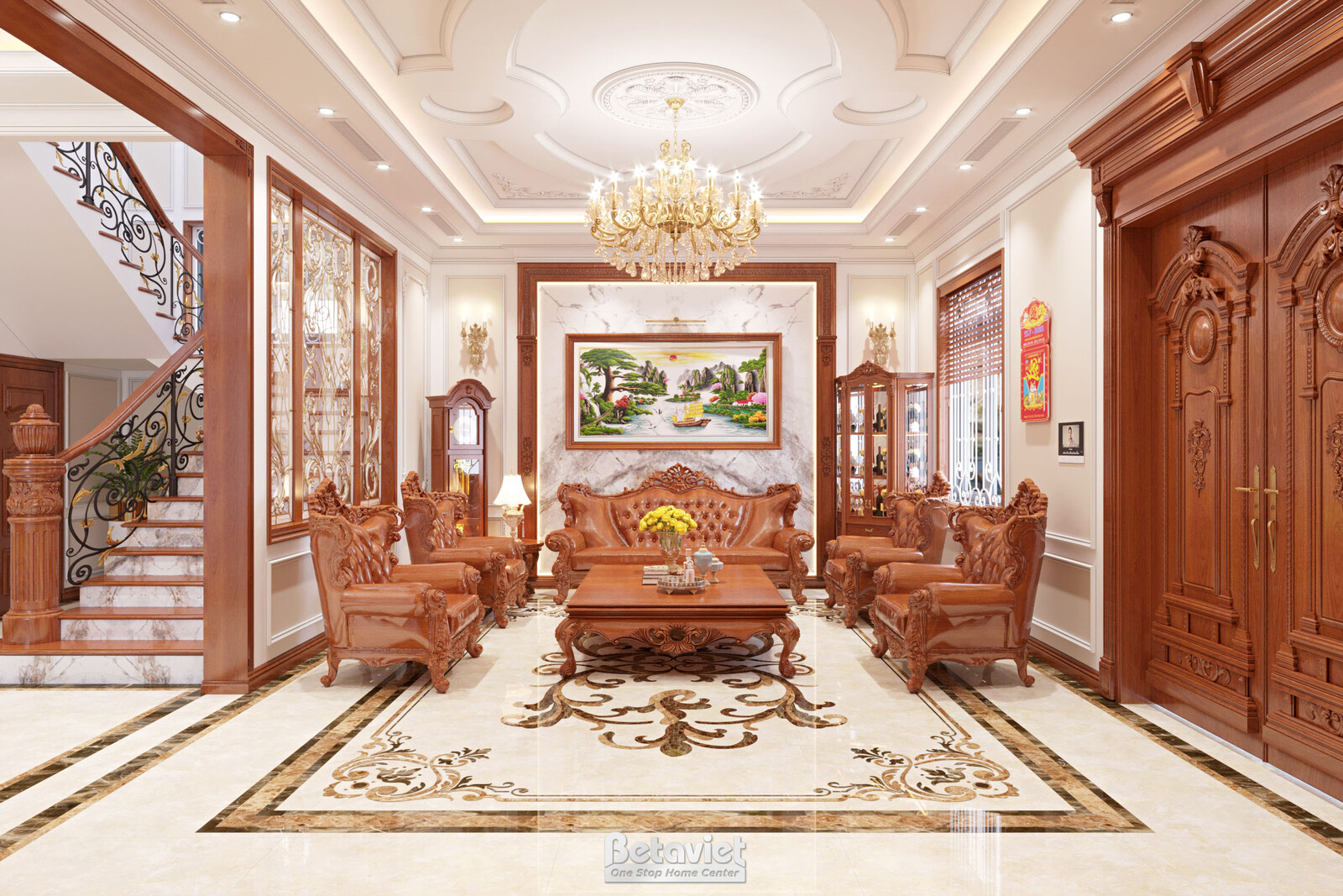 Nội thất phòng khách biệt thự tân cổ điển KT22214 – góc nhìn 3