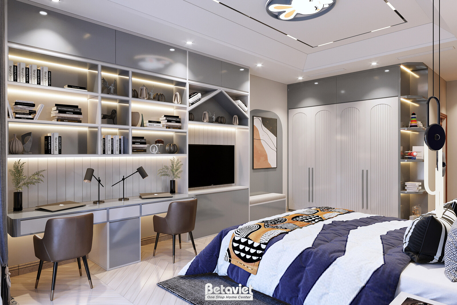 Nội thất phòng ngủ trẻ em biệt thự hiện đại NT22209 – góc nhìn tổng thể