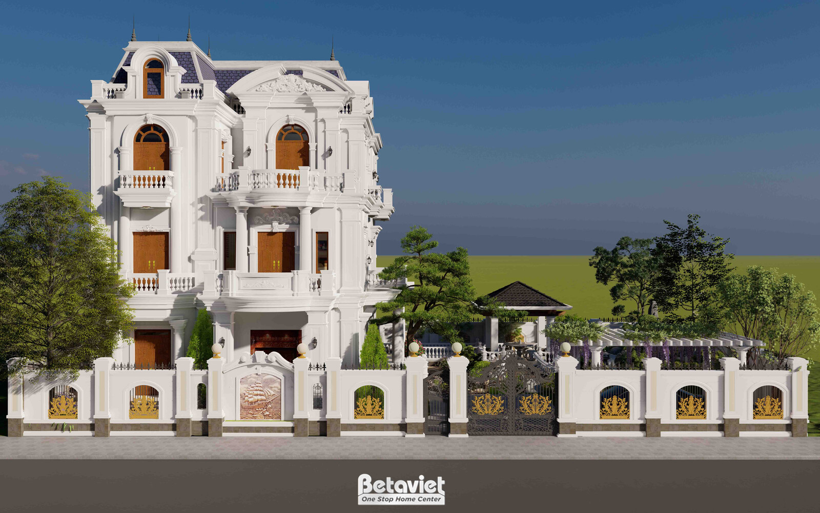 Mặt tiền biệt thự 3 tầng tân cổ điển sơn trắng với ban công vòm, cửa sổ mái vòm, hàng rào cổng sắt hoa văn mạ vàng, sân tr…