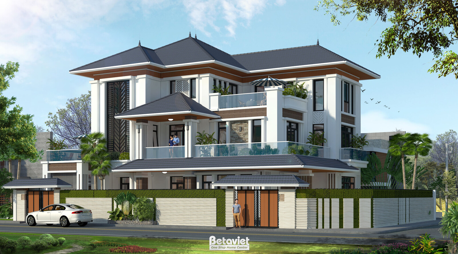 Biệt thự 3 tầng hiện đại nhìn từ góc chếch bên phải, cho thấy rõ hơn sự chuyển động của các khối kiến trúc và hệ thống ban…