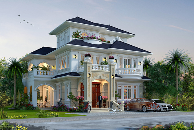 Biệt thự 3 tầng tân cổ điển KT18091 – phối cảnh mặt tiền