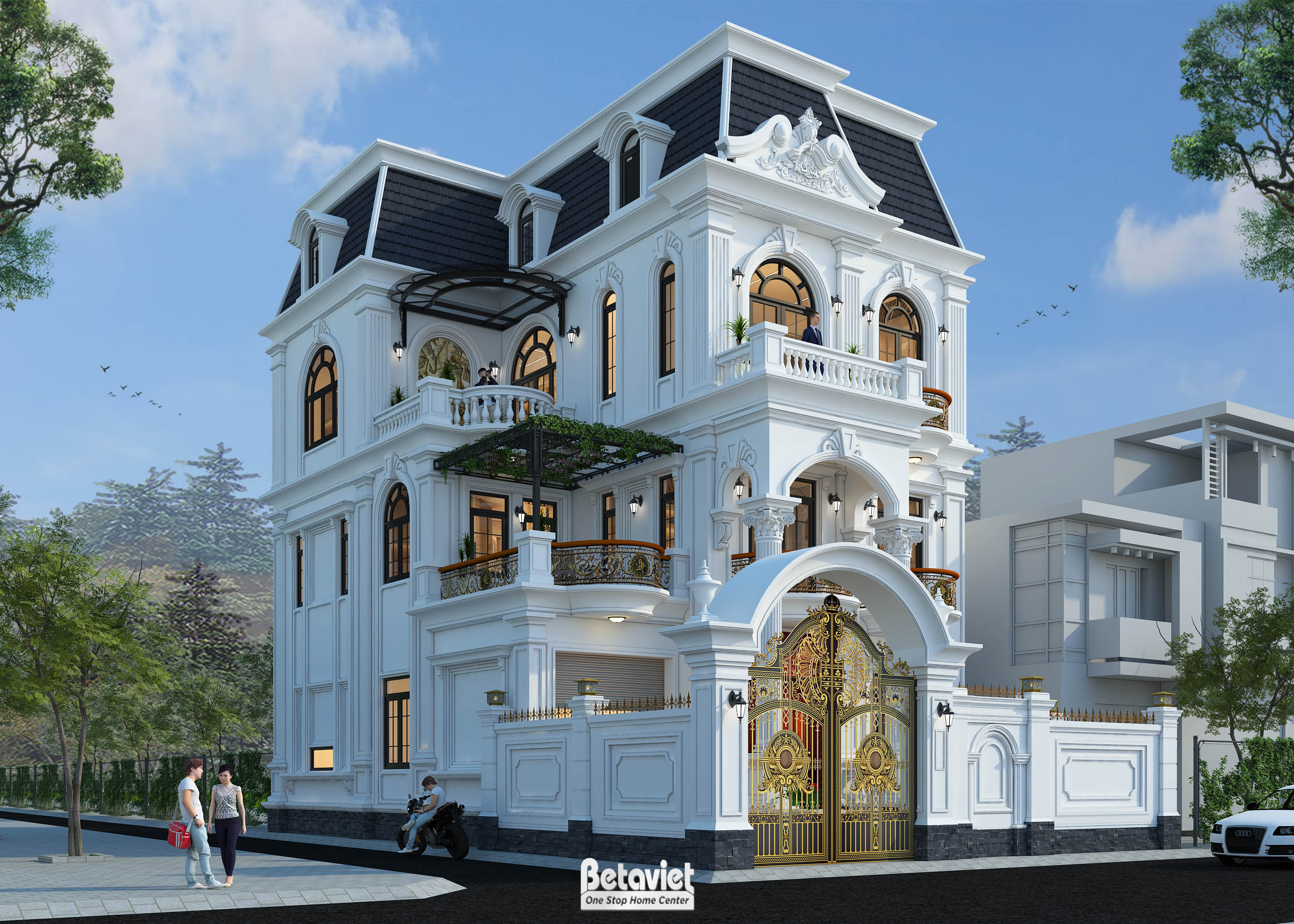 Mẫu thiết kế biệt thự góc 3 tầng tân cổ điển tại Hà Nội KT22214