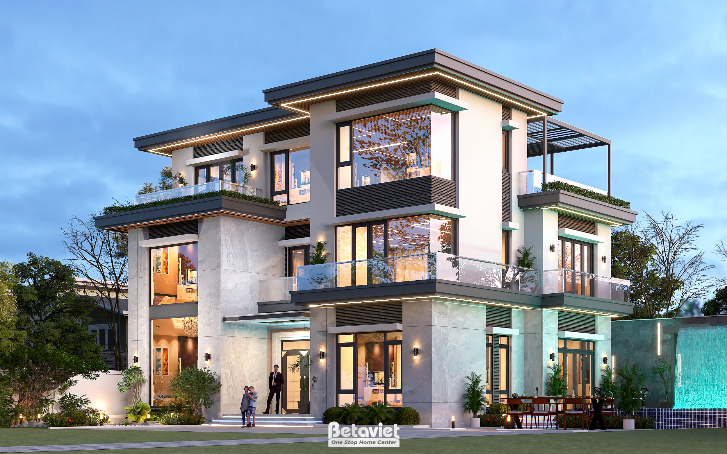 thiết kế biệt thự 2 mặt tiền 3 tầng với cửa sổ lớn để đón ánh sáng