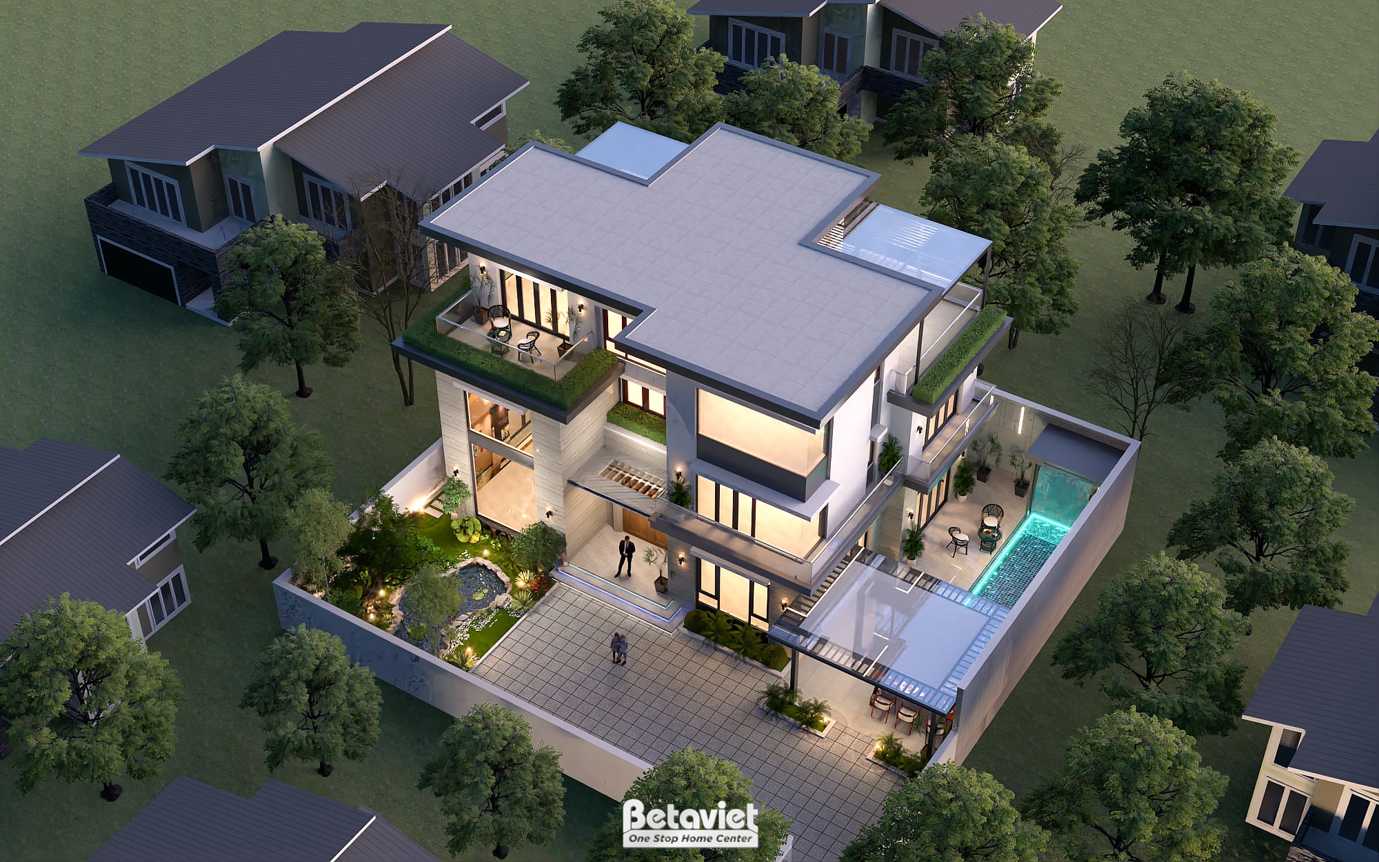 Mẫu thiết kế biệt thự nhà vườn hiện đại 3 tầng 550m2 tại Hà Nội KT24010