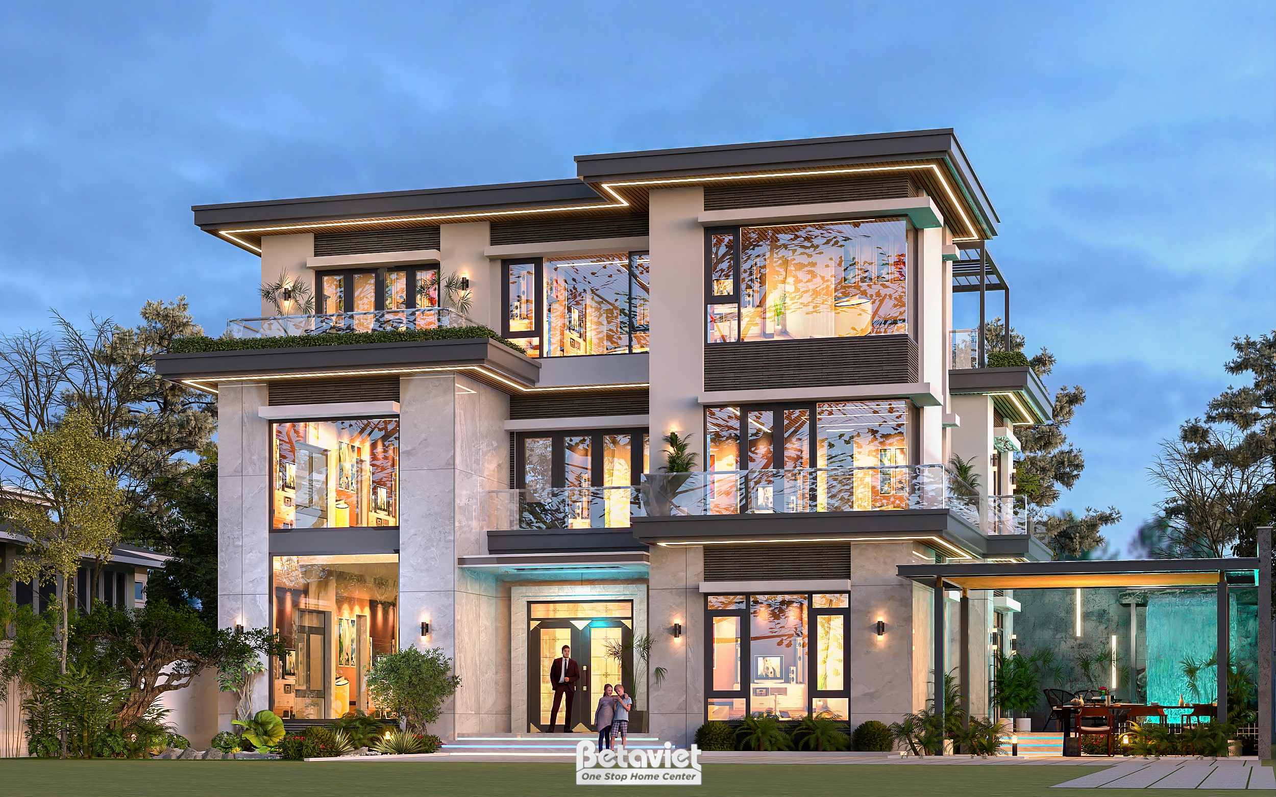 Mẫu thiết kế biệt thự vườn hiện đại 3 tầng với cửa kính lớn đóng ánh sáng tự nhiên