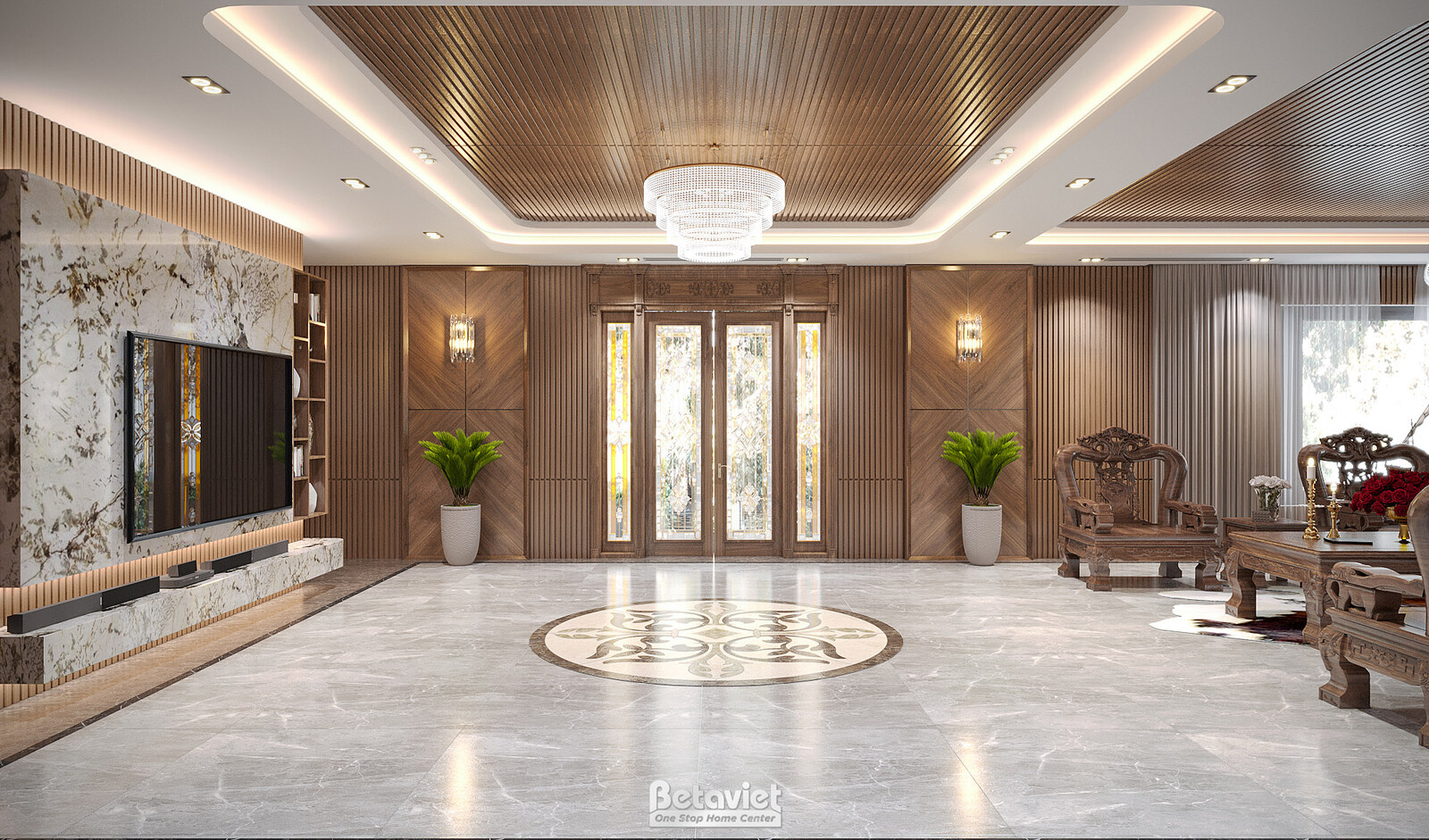 Nội thất đại sảnh biệt thự hiện đại KT22193 – góc nhìn tổng thể