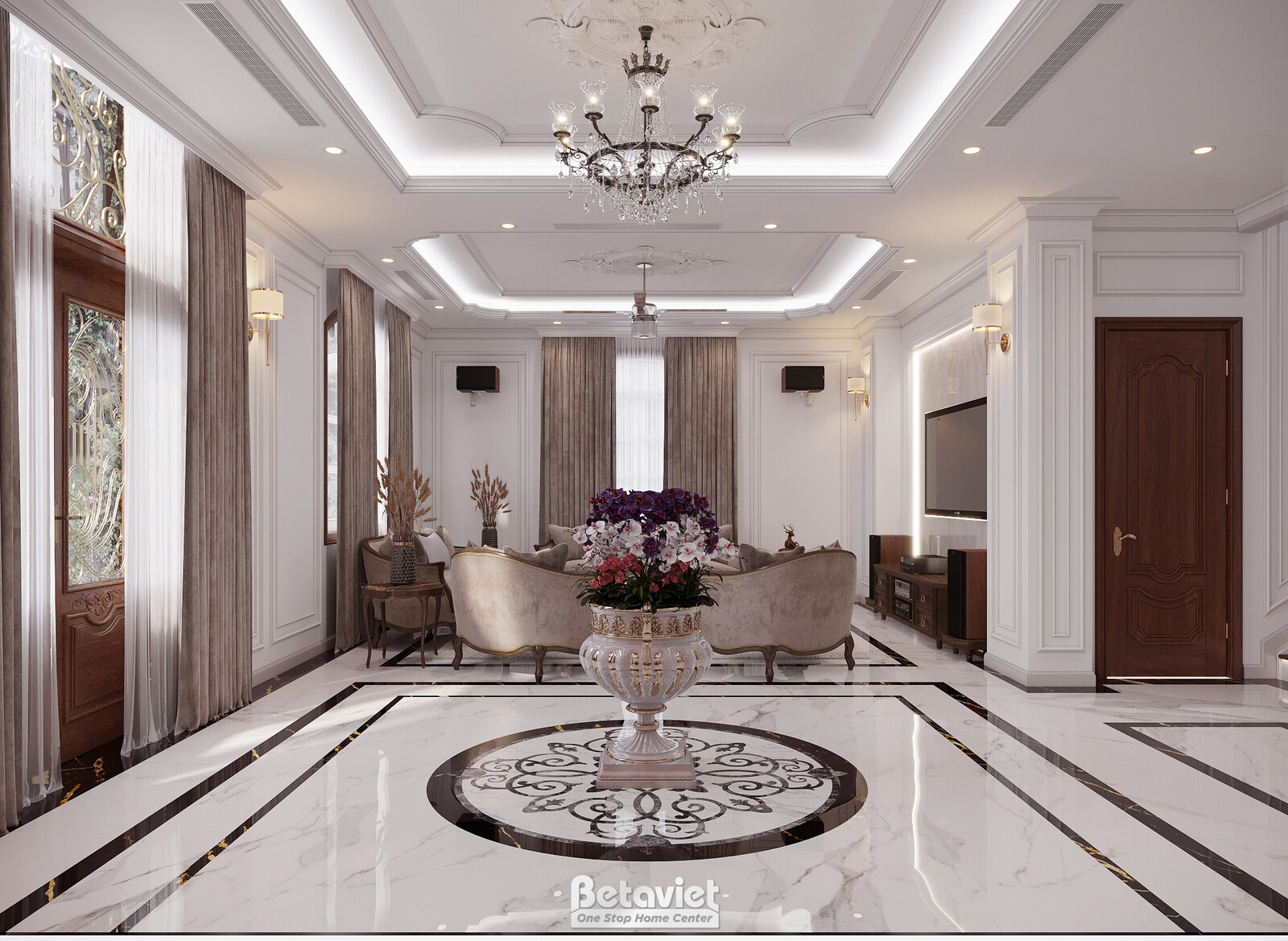 Nội thất đại sảnh biệt thự tân cổ điển NT23323 – góc nhìn tổng thể