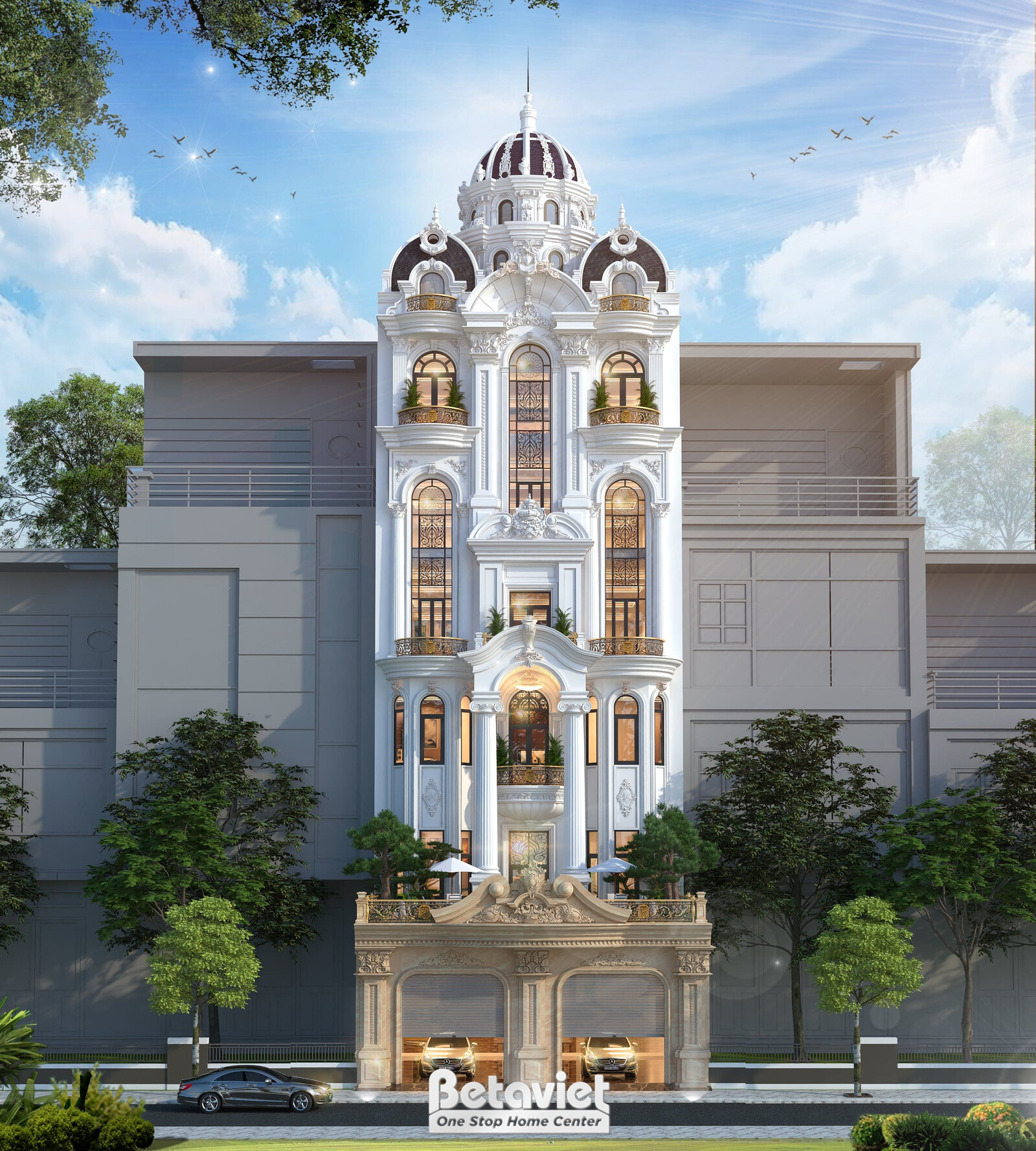 Góc nhìn chính diện mặt tiền, cụm tháp mái vòm baroque nhiều lớp ở đỉnh, hệ cột Corinth và cửa vòm cong đối xứng, tông trắ…