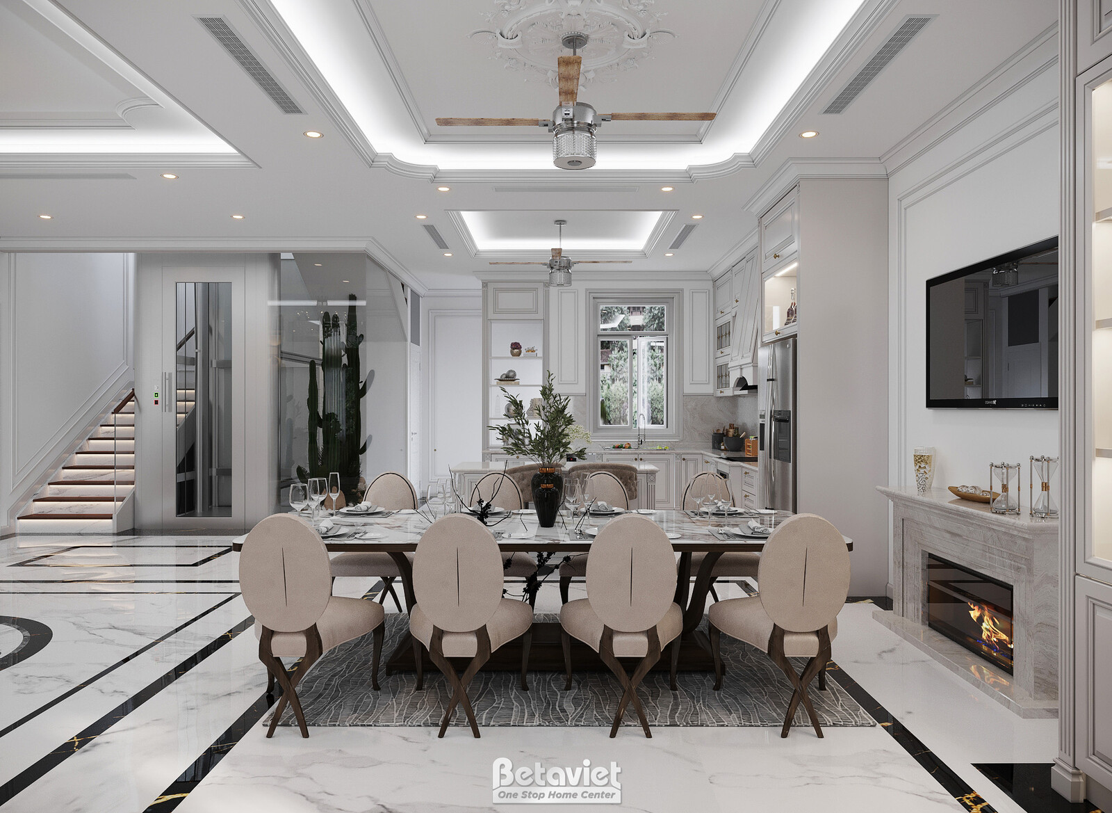Nội thất phòng ăn biệt thự tân cổ điển NT23323 – góc nhìn tổng thể