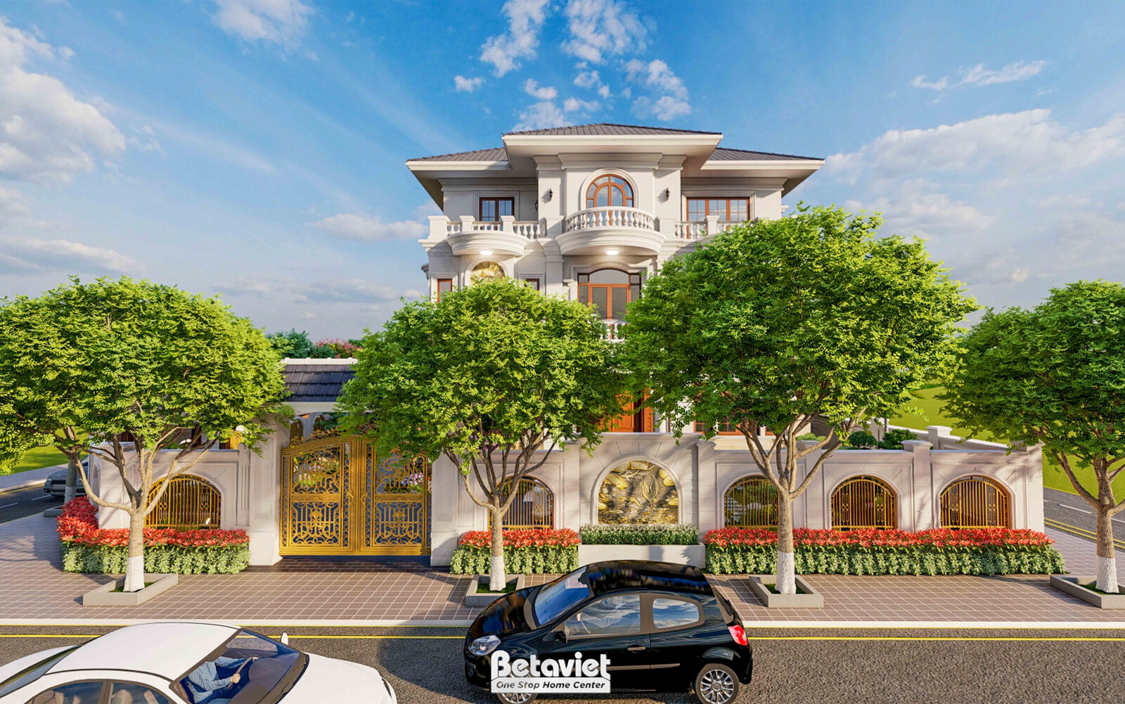 Phối cảnh mặt tiền biệt thự 3 tầng tân cổ điển nhìn từ ngoài đường, hai hàng cây xanh dẫn lối vào cổng vàng hoa văn, tường…
