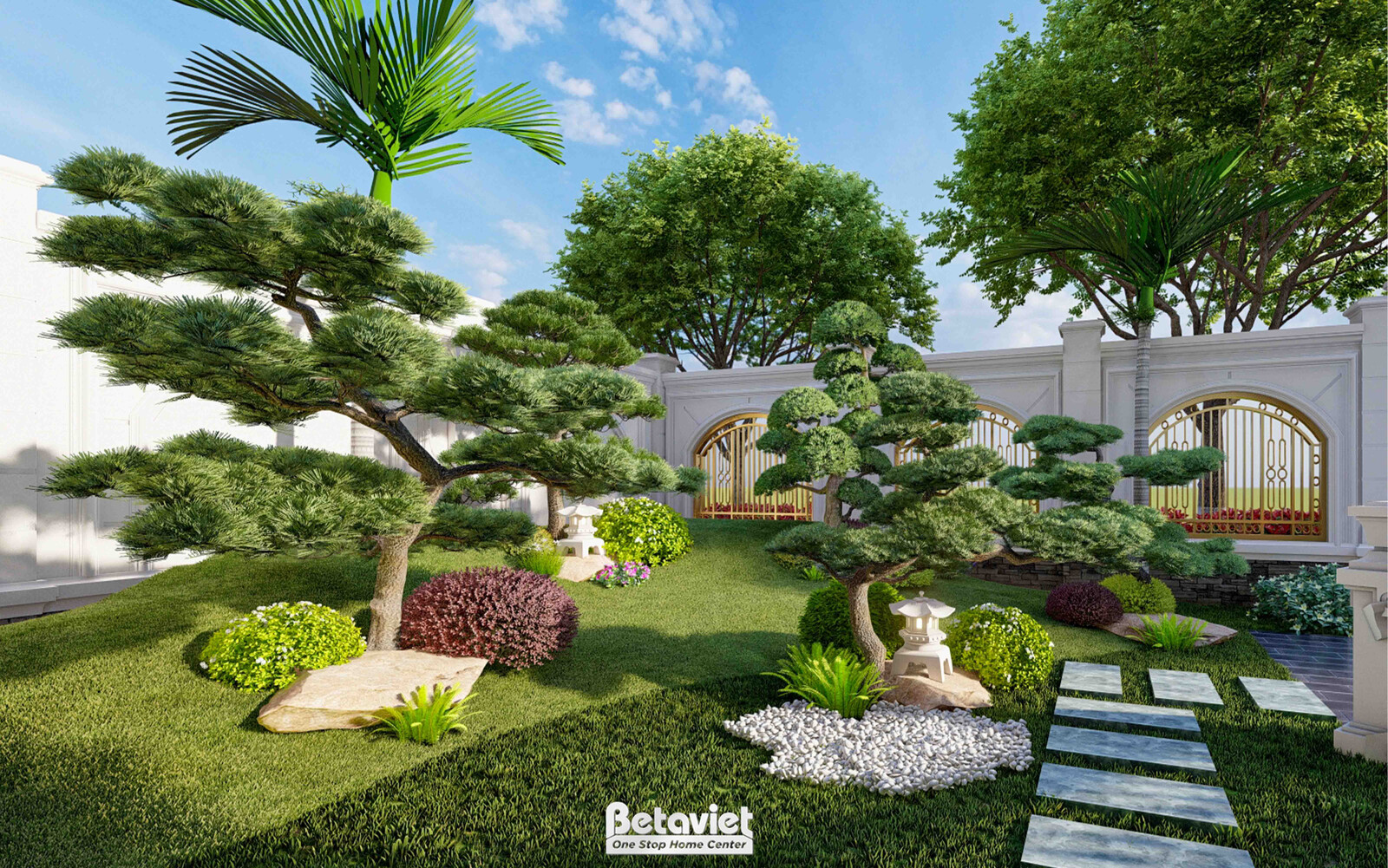 Khoảng sân cỏ xanh với cây tùng la hán tạo dáng bonsai làm điểm nhấn, tường rào trắng bao quanh, lối đi lát đá phiến xen k…