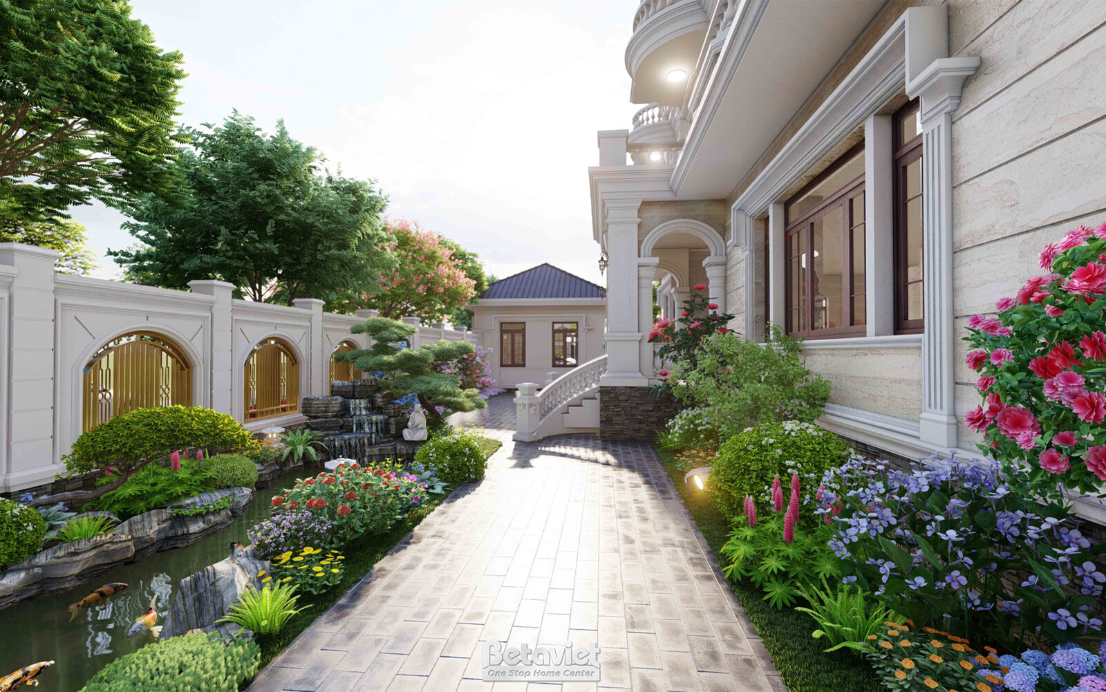 Lối đi bộ lát gạch dọc hông nhà dẫn tới khu tiểu cảnh nước có hồ cá nhỏ, hoa nhiều màu sắc ven lối, đèn sân vườn âm đất, c…