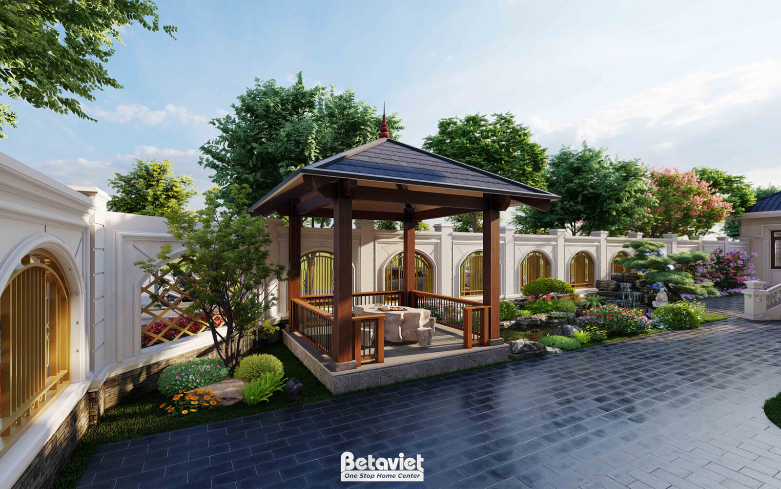 Nhà chòi gỗ mái ngói đỏ đặt trong sân vườn, ghế ngồi thư giãn bên trong, cây hoa hồng và cổng vàng nhỏ phía xa, sân lát đá…
