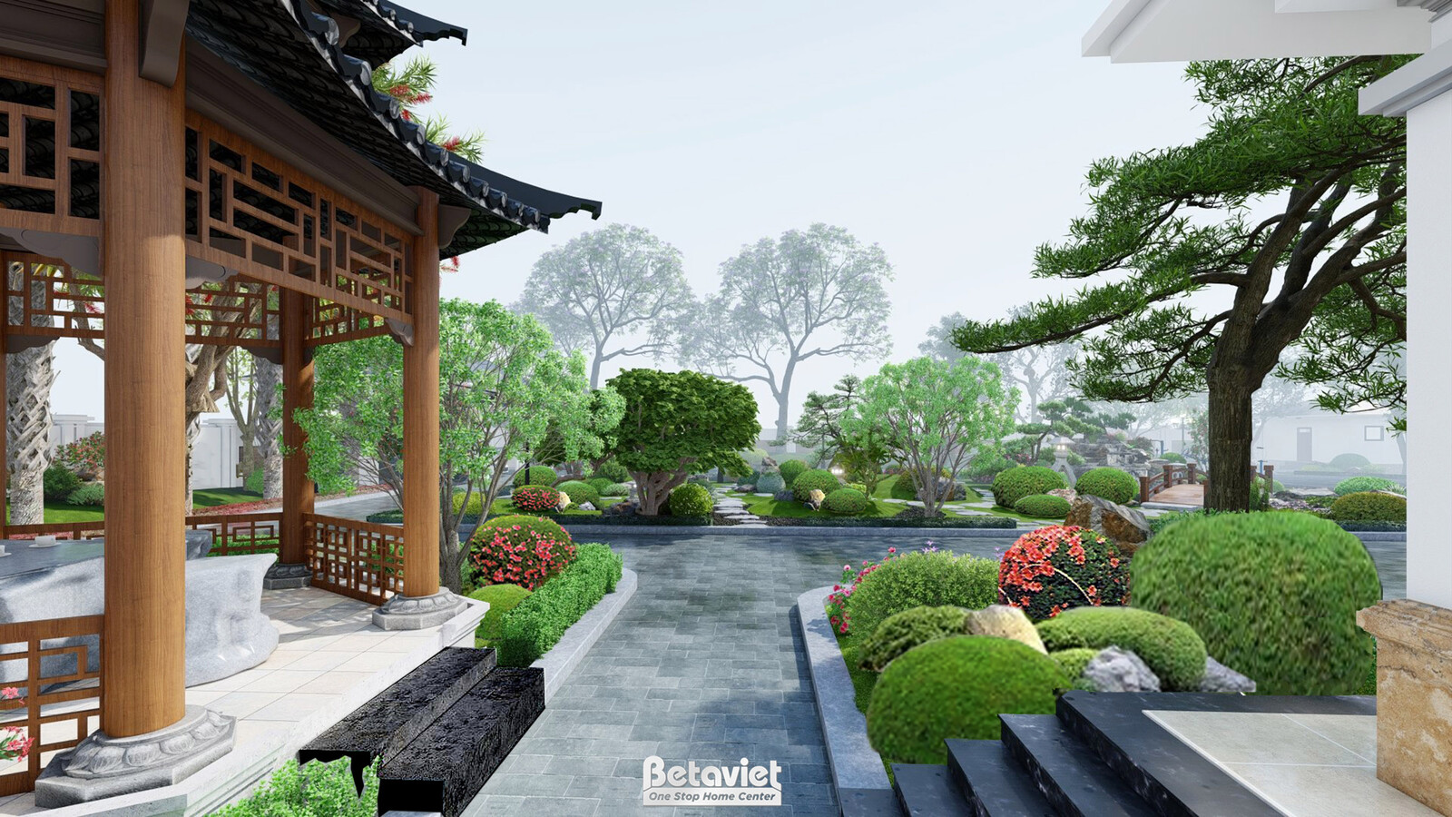 Chòi nghỉ mái ngói cong kiểu Á Đông với cột gỗ, bậc thềm đá dẫn xuống sân, nền đá ướt phản chiếu ánh sáng, ghế đá dài đặt…