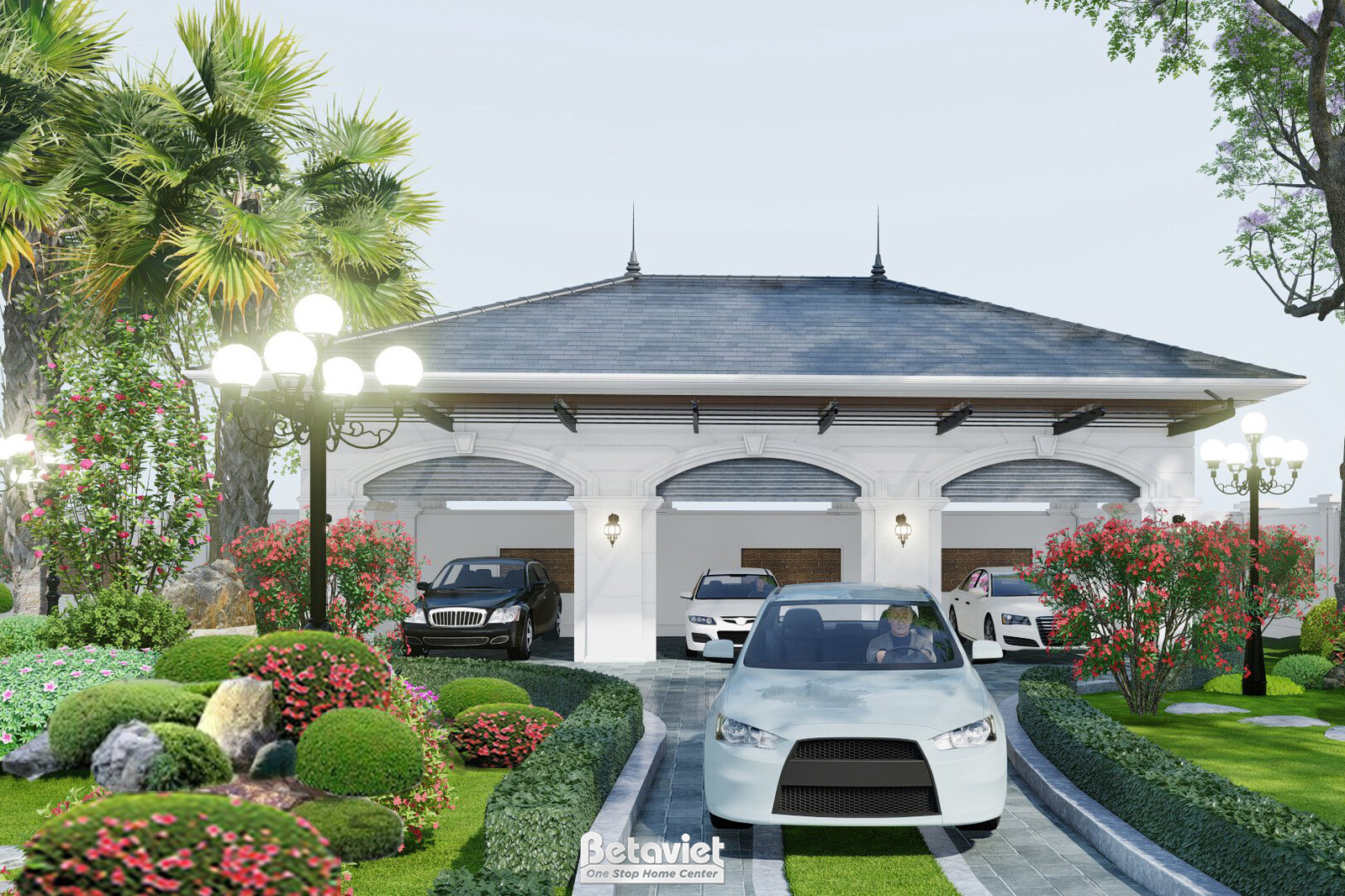Dãy nhà để xe với các vòm cong trắng liên tiếp kiểu tân cổ điển, ba ô tô đậu bên trong, cột đèn nhiều bóng sáng, hai bên l…