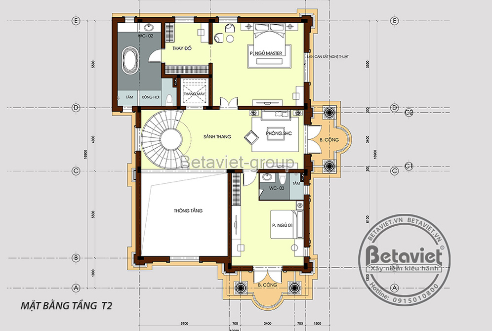 Nhà biệt thự kiểu Pháp 4 tầng mái Mansard tại Thanh Hóa KT20162 – bản vẽ mặt bằng tầng 2