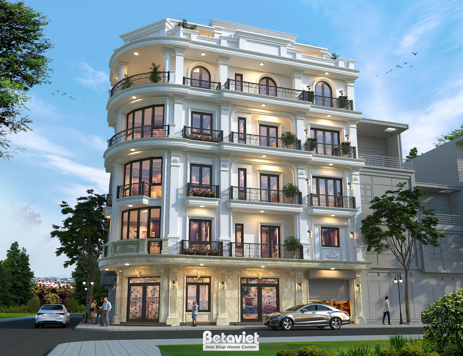Phối cảnh góc nghiêng buổi tối, ánh đèn nội thất hắt vàng ấm qua các ô cửa tương phản nền trời chiều, góc bo cong nơi giao…