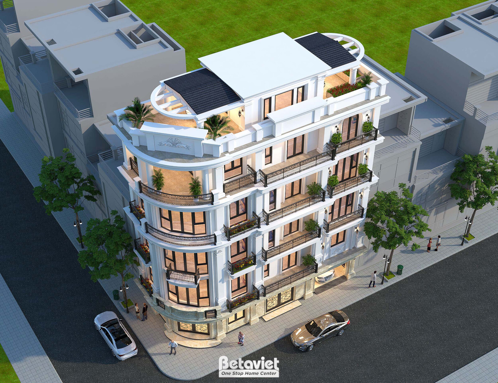 Phối cảnh trên cao góc khác, thời điểm chiều tối với ánh đèn vàng ấm bên trong hắt qua cửa kính, sân thượng mái che bo con…