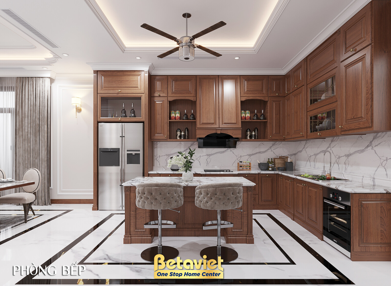 Nội thất phòng bếp biệt thự tân cổ điển KT23044 – góc nhìn tổng thể