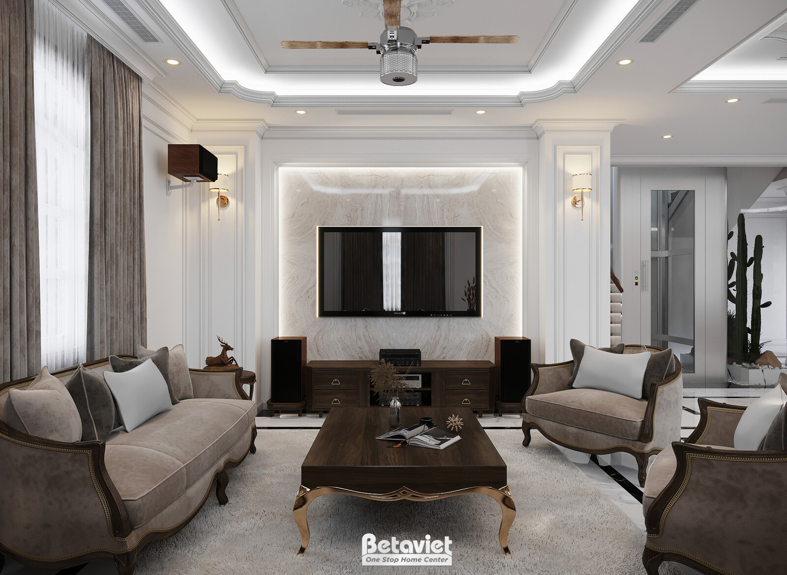 Nội thất phòng khách biệt thự tân cổ điển NT23323 – góc nhìn 3