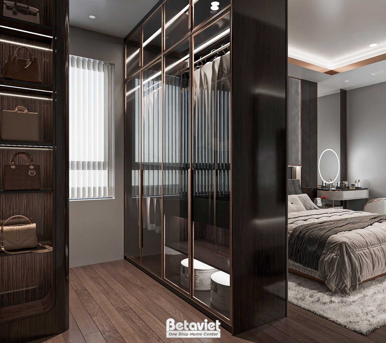 Khu vực tủ đồ mở với các ngăn kệ trưng túi xách và phụ kiện, gương lớn ốp nguyên tấm phản chiếu không gian, tủ gỗ vân tối…