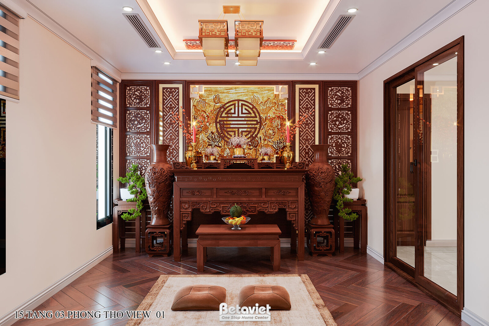 Không gian trang trọng với tủ gỗ gõ đỏ chạm khắc hoa văn màu nâu trầm, nổi bật trên nền vách trang trí họa tiết húy long…