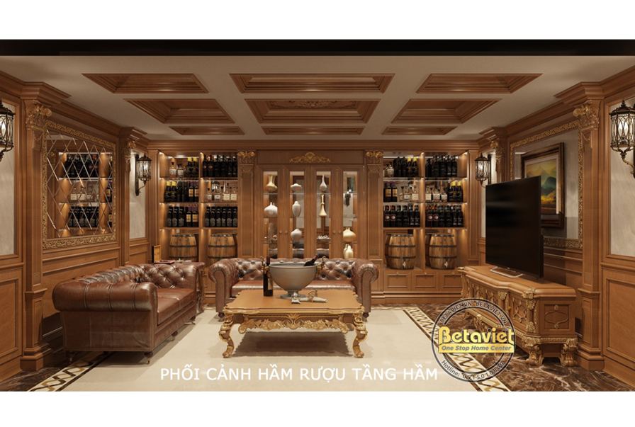 Không gian hầm rượu ốp gỗ óc chó trầm ấm, hệ tủ trưng bày rượu đối xứng hai bên tích hợp đèn LED âm tủ, sofa da nâu và bàn…