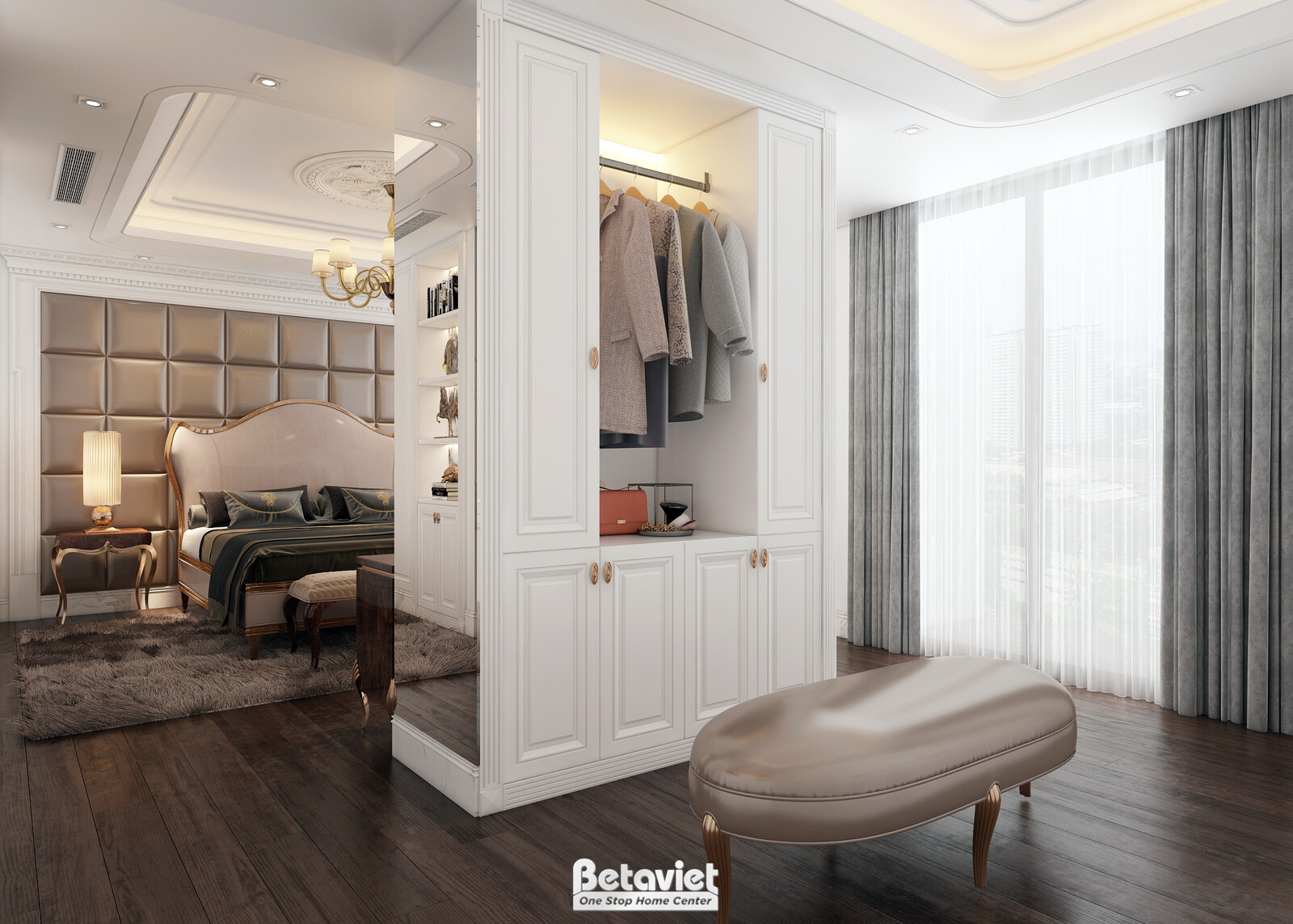 Phòng ngủ master với đầu giường ốp panel da nâu vàng, đèn bàn đối xứng, khu thay đồ mở liền kề có ghế đôn oval bọc da, sàn…