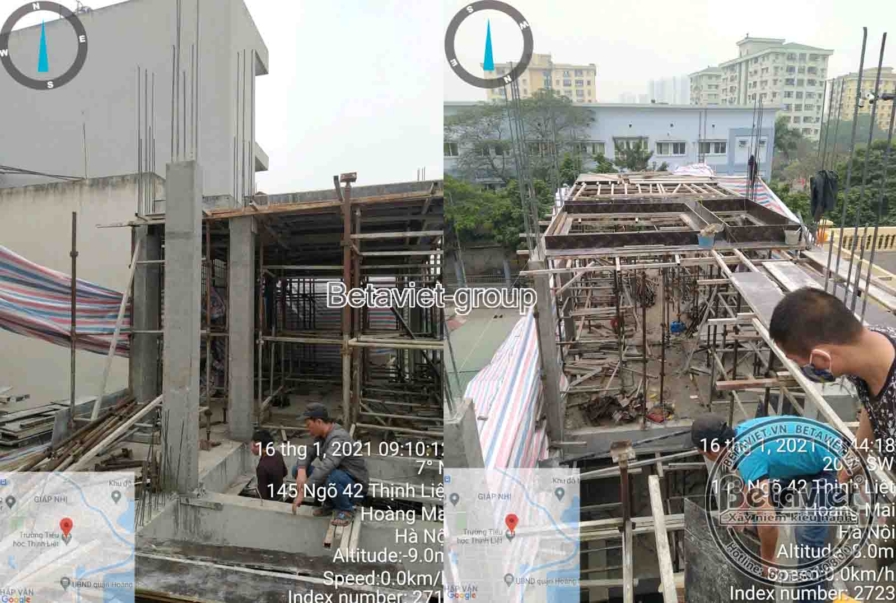 Ảnh ghép cột tròn với lồng thép cận cảnh trong khung cốp pha gỗ; toàn cảnh giàn giáo công trình với bạt sọc và công nhân t…