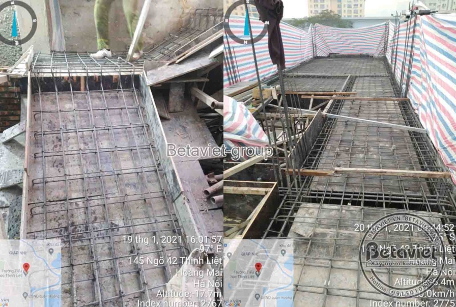 Ảnh ghép lồng thép dầm bê tông cận cảnh và toàn cảnh sàn mái với bạt sọc viền mép sàn, thể hiện công đoạn gia cố kết cấu t…