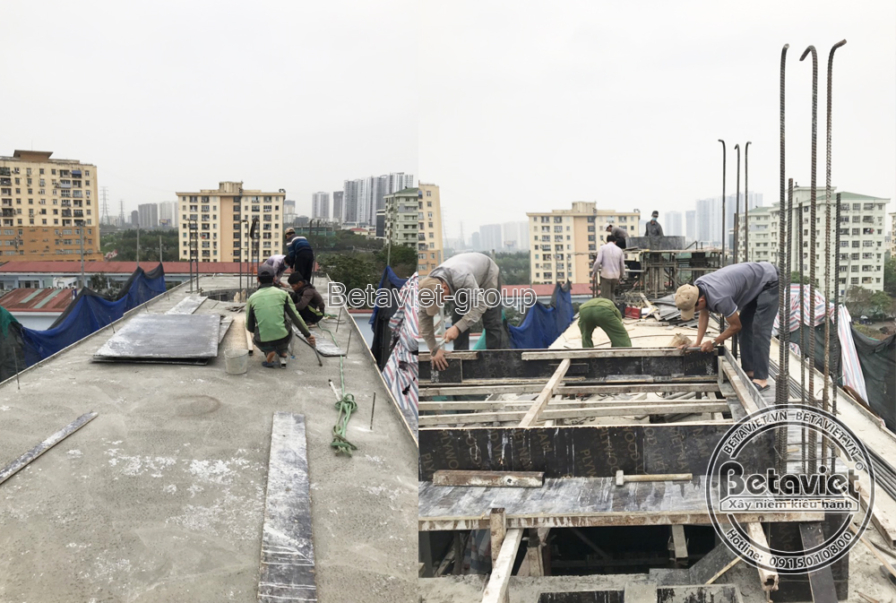Ảnh ghép sàn mái lộ thiên với các đầu chờ thép nhô lên, phía sau là dãy chung cư cao tầng; cận cảnh công nhân dựng ván khu…
