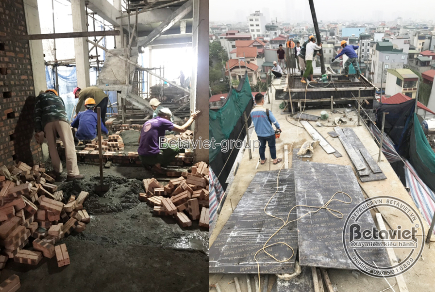 Công nhân đang thi công xây tường gạch và đổ bê tông sàn cho các tầng của biệt thự, với giàn giáo và vật liệu xây dựng. Bố…