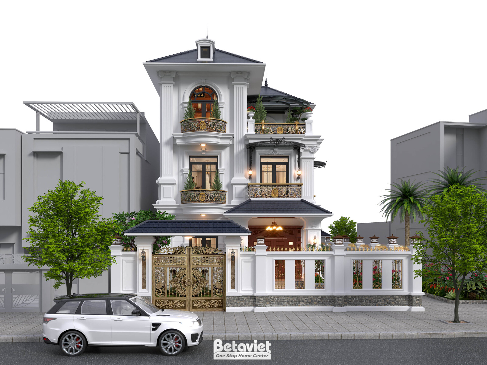 Biệt thự 3 tầng tân cổ điển KT22050 – phối cảnh mặt tiền