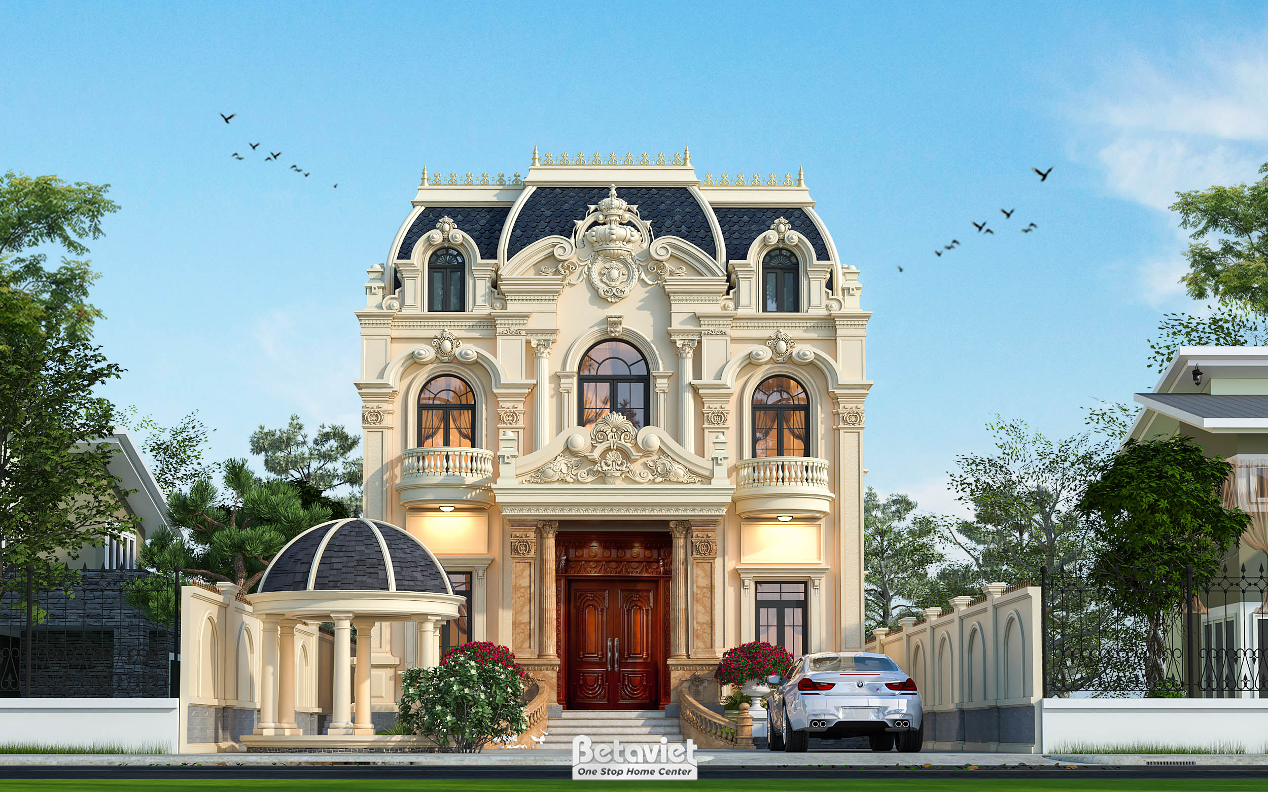 Thiết kế biệt thự cổ điển 2 tầng 500m2 mái Mansard tại Kon Tum KT24200