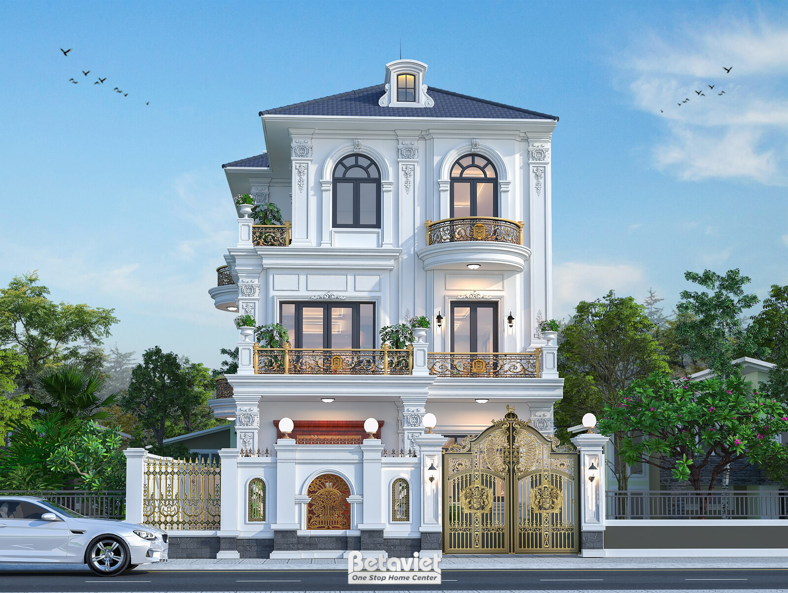 Biệt thự 3 tầng tân cổ điển KT23136 – phối cảnh mặt tiền