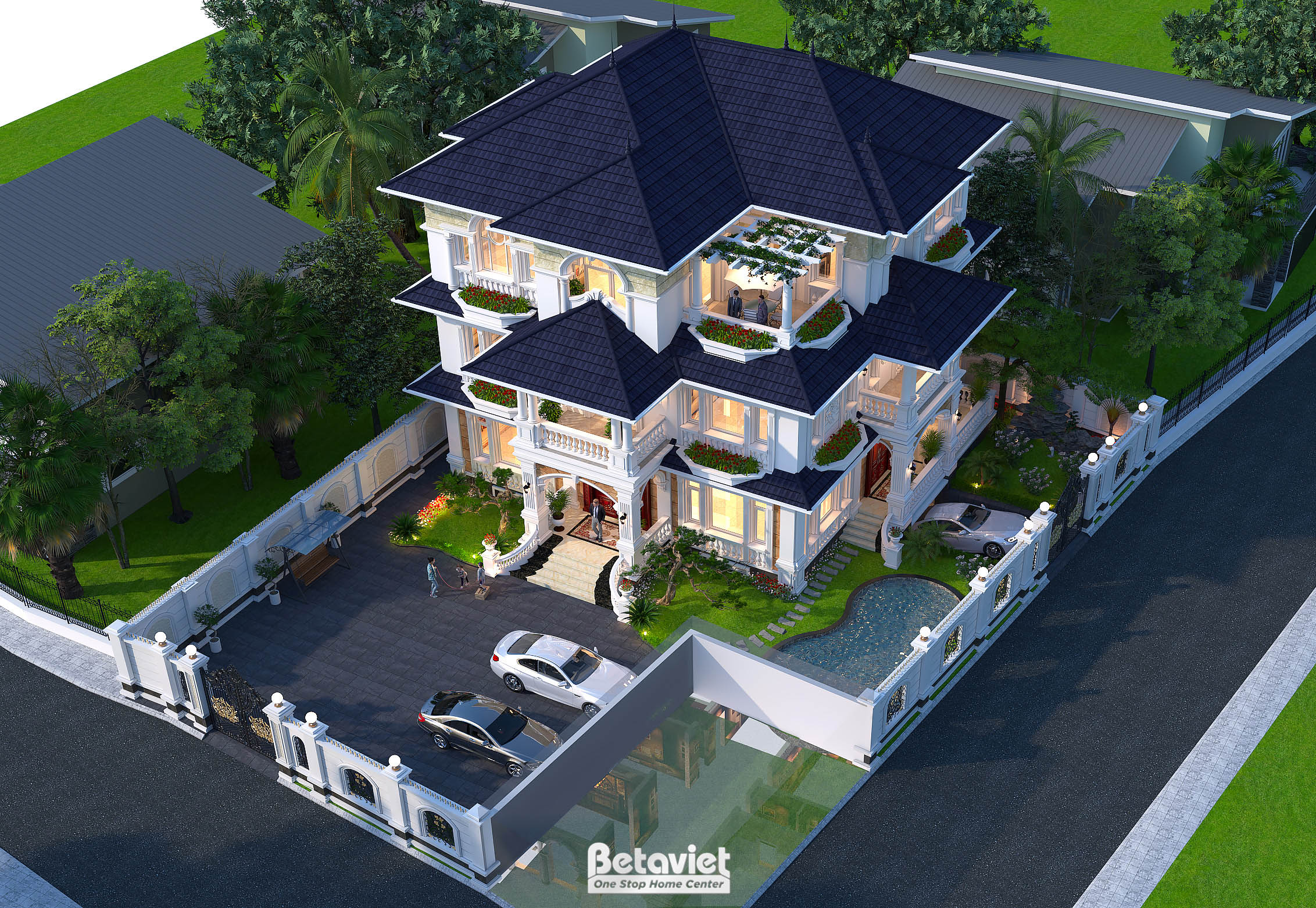 Thiết kế biệt thự 3 tầng có sân vườn và tầng hầm tân cổ điển tại Hà Nội KT22017